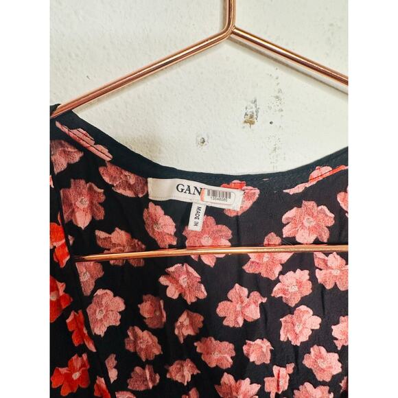 GANNI Red Black Floral Wrap Puff Sleeves V-Neckline Midi Dress size 36 - Picture 6 of 16